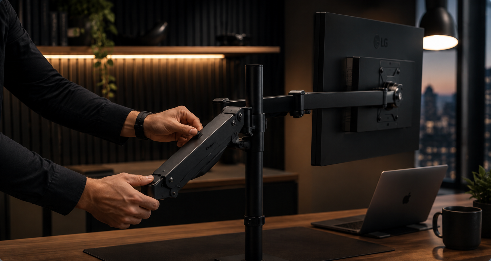 Ajuste técnico de brazo de monitor en un workspace profesional